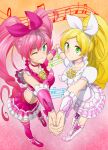  2girls blonde_hair blue_eyes boots brooch choker cure_melody cure_rhythm female frilled_skirt frills green_eyes hairband heart highres holding_hands houjou_hibiki jewelry looking_at_viewer magical_girl midriff minamino_kanade multiple_girls musical_note pink_hair pink_legwear ponytail precure ribbon skirt smile suite_precure thighhighs twintails wink yorudo_kaoru 