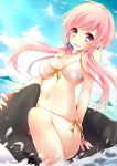  1girl arm_behind_back arm_support bikini embarrassed front-tie_top hair_ornament inflatable_orca inflatable_toy kurosawa_itsuki long_hair low_twintails navel open_mouth original pink_hair riding scrunchie side-tie_bikini solo swimsuit tears twintails violet_eyes wavy_mouth wet 