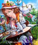  1girl bird bracelet breasts cake chair character_request cleavage cup dutch_angle earrings food glasses green_eyes hat highres jewelry long_hair nakano_tomokazu orange_hair outdoors rimless_glasses shingeki_no_bahamut sitting staff table tan tea teacup teapot vines witch_hat 