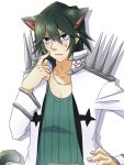  1boy animal_ears black_hair blue_eyes blush cat_ears cat_tail gakuran hand_on_hip jewelry kemonomimi_mode kill_la_kill necklace sanageyama_uzu school_uniform short_hair solo spikes sweatdrop tail 