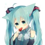  1girl ahoge aqua_hair detached_sleeves eating food food_on_face fork fruit green_eyes hatsune_miku long_hair necktie solo strawberry twintails vocaloid white_background yuya_kyoro 