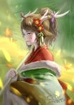  1girl antlers bell brown_hair flower fur_trim green_eyes hair_flower hair_ornament japanese_clothes kano_(p&amp;d) kimono leaf maple_leaf oriental_umbrella ponytail puzzle_&amp;_dragons scotishfold solo umbrella 