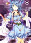  1girl blue_eyes blue_hair dress energy_ball flower hair_ornament hair_rings hair_stick kaku_seiga knees_together kozuki_kai looking_at_viewer ofuda open_mouth puffy_short_sleeves puffy_sleeves purple_background sash shawl short_hair short_sleeves solo touhou vest 