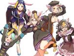  &gt;:d &gt;_&lt; 5girls :d \o/ animal_ears aqua_hair arms_up blue_eyes blue_hair bow braid breasts brown_eyes cat_ears cat_tail chinese_clothes cleavage dress fang fantasista_doll fingers_to_cheeks frills grey_hair hair_bow hair_rings hand_on_forehead hat highres jiangshi leotard meigen_(fantasista_doll) multiple_girls nyama open_mouth outstretched_arms pink_eyes reigen_(fantasista_doll) seigen_(fantasista_doll) silver_hair smile tail talisman v vest wide_sleeves yougen_(fantasista_doll) yuugen_(fantasista_doll) 