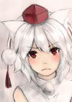  1girl absurdres animal_ears bust frown gradient gradient_background hat highres inubashiri_momiji leaning looking_at_viewer nagata_nagato pom_pom_(clothes) red_eyes rough short_hair solo tokin_hat touhou white_hair wolf_ears 