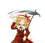  1girl blonde_hair bow commentary_request dress drill_hair elly elly_(cosplay) hat hat_bow mahou_shoujo_madoka_magica ninifu ribbon scythe short_hair smile solo tomoe_mami touhou touhou_(pc-98) transparent_background twin_drills wink yellow_eyes 