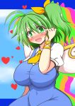  1girl alternate_breast_size bow breasts daiyousei fairy_wings green_eyes green_hair hair_bow heart huge_breasts rindou_(p41neko) side_ponytail solo touhou wings 