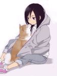  1girl black_eyes black_hair capri_pants dog hands_in_pockets hoodie long_hair mattaku_mousuke original shiba_inu shoes sitting smile sneakers solo 