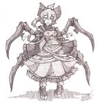  1girl bow dress frilled_dress frills hair_bow highres insect_girl kurodani_yamame monochrome sogin spider_girl spider_legs touhou 