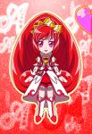  1girl boots bow chibi coat cure_ace curly_hair dokidoki!_precure hair_bow highres knee_boots long_hair madoka_aguri magical_girl monyotarosu precure puffy_sleeves red_background red_skirt redhead skirt smile solo standing violet_eyes wrist_cuffs 