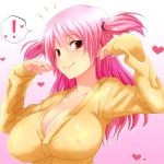  1girl arms_up blush breasts cleavage gradient gradient_background heart highres large_breasts long_hair original pink_hair red_eyes simple_background smile solo sweater two_side_up watarui 