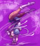  1girl boots chinese_clothes chun-li double_bun full_body handstand looking_at_viewer serious solo spinning street_fighter tsukumo 