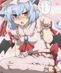  1girl animal_ears ascot bat_wings blue_hair blush cat_ears cat_tail hat heart kemonomimi_mode nitoni open_mouth red_eyes remilia_scarlet short_hair star tail touhou translation_request wings wrist_cuffs 