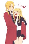  1boy 1girl :&lt; ahoge blonde_hair blush cloak couple earrings edward_elric fullmetal_alchemist heart hetero jacket jewelry long_hair ponytail skirt smile tagme tomo_(sjim) white_background winry_rockbell yellow_eyes 