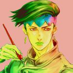 1boy earrings green_eyes green_hair headband jewelry jojo_no_kimyou_na_bouken kishibe_rohan lipstick makeup pen sobe_(tokimekashi) solo 