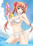  1girl bikini blue_eyes blush breasts cleavage fisheye frilled_bikini frills front-tie_top fuuma_nagi highres long_hair looking_at_viewer navel ocean open_mouth orange_hair original side-tie_bikini solo standing strap_gap swimsuit trigger_discipline twintails wading water water_gun weapon 