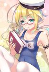  1girl aqua_eyes armlet blonde_hair book gears glasses hat i-8_(kantai_collection) kantai_collection long_hair low_twintails one-piece_swimsuit personification school_swimsuit smile solo swimsuit thighhighs twintails white_legwear youqiniang 