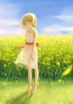  1girl absurdres barefoot blonde_hair dress field flower flower_field grass green_eyes highres original short_hair sky solo 