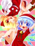  2girls :d ;d alternate_costume bell blonde_hair blue_eyes blue_hair christmas cirno fang hair_ribbon hat multiple_girls namino. open_mouth red_eyes ribbon rumia sack santa_costume santa_hat short_hair smile touhou wings wink 