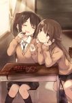  2girls :d ^_^ bag blush braid brown_hair chair chocolate closed_eyes curtains hair_ribbon half_updo hands_on_own_cheeks hands_on_own_face happy highres holding_food kneehighs kyuri leaning_over light_smile multiple_girls open_mouth original ribbon school_bag school_desk school_uniform sitting skirt smile sweater twintails valentine window 