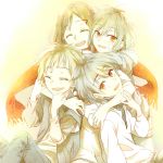  2boys 2girls ayano_no_koufuku_riron_(vocaloid) black_hair blonde_hair brown_hair child closed_eyes green_hair group_hug hair_ornament hairclip hoodie hug kagerou_project kano_shuuya kido_tsubomi long_hair maiori_00 multiple_boys multiple_girls orange_eyes red_eyes scarf seto_kousuke short_hair smile tateyama_ayano younger 