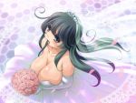  bare_shoulders black_eyes black_hair bouquet breasts cleavage dress elbow_gloves flower gloves huge_breasts kantai_collection kantori long_hair open_mouth petals smile ushio_(kantai_collection) wedding_dress white_legwear 
