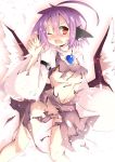  1girl ahoge animal_ears blush breasts censored convenient_censoring fang long_sleeves mystia_lorelei navel no_bra no_hat no_panties open_mouth purple_hair red_eyes rurisakura short_hair solo tears torn_clothes touhou wide_sleeves wings wink 