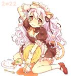  1girl animal_ears blush cake cat_ears cat_tail cup dojikko dress food fork hair_ribbon hairband highres long_hair mahou_shoujo_madoka_magica mahou_shoujo_madoka_magica_movie maid_headdress mary_janes momoe_nagisa pink_hair polka_dot polka_dot_dress red_eyes ribbon shoes sitting socks solo tail tea teacup tears tray two_side_up wariza wrist_cuffs yutsumoe 