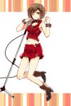  1girl bare_shoulders boots breasts brown_eyes brown_hair cleavage clenched_hand collar crop_top floating full_body glowing high_heels lace-trimmed_skirt layered_skirt meiko microphone_stand midriff nail_polish navel skirt smile solo vocaloid wink wire wrist_cuffs 