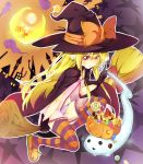  1girl broom candy cape crescent_moon earrings flat_chest ghost gloves halloween hat highres ichi_makoto jack-o&#039;-lantern jack-o-lantern jewelry long_hair moon original panties pointy_ears pumpkin red_eyes slippers solo striped striped_legwear striped_panties striped_thighhighs thighhighs underwear witch witch_hat 
