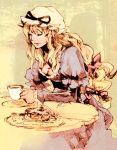  bad_id blonde_hair bow cake closed_eyes fea food hair_bow hat hat_bow highres pie sitting solo tea touhou yakumo_yukari 