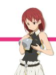  blush breast_hold breast_lift breastplate cecily_cambell cecily_campbell hamao leotard red_eyes red_hair seiken_no_blacksmith short_hair simple_background sweatdrop 