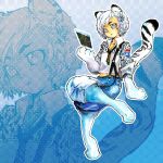  cat_ears cat_tail doraeshi os osx snow_leopard solo spots striped suspenders tail white_eyes white_hair zoom_layer 