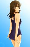  back bad_id bakemonogatari bare_shoulders brown_eyes brown_hair face kishida-shiki lens_flare long_hair looking_back monogatari_(series) one-piece_swimsuit sengoku_nadeko simple_background smile solo swimsuit 