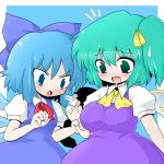  53 blue_eyes blue_hair bow breast_envy breasts cirno daiyousei green_hair hair_bow jumper multiple_girls short_hair side_ponytail staring_at_breasts touhou wings 