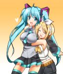  aqua_hair bad_id blonde_hair breasts detached_sleeves hair_ornament hairclip hatsune_miku headphones highres hug kagamine_rin large_breasts long_hair necktie shino_(sosuketo) short_hair shorts skirt thigh-highs thighhighs twintails vocaloid zettai_ryouiki 