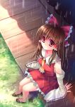  1girl arm_support bad_id bow brown_hair child detached_sleeves from_above hakurei_reimu japanese_clothes ken2325 long_hair looking_up miko perspective rain red_eyes sandals sitting solo sousouman touhou veranda 