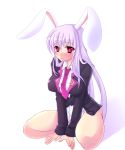  bad_id bottomless breasts bunny_ears highres large_breasts long_hair maryquant mosa_(artist) necktie no_panties purple_hair rabbit_ears red_eyes reisen_udongein_inaba solo touhou 