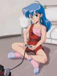  ahoge bandaid blue_hair crossed_legs earrings green_eyes highres indian_style izumi_konata jewelry lucky_star mole nes oldschool overalls playing_games sitting slippers smile socks solo wbd 