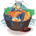  aqua_eyes aqua_hair blue_eyes bowl detached_sleeves dosanko fish food girl_in_food hatsune_miku long_hair minigirl oekaki orange roe sitting smile solo thigh-highs twintails very_long_hair vocaloid wink 