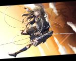  1girl blue_eyes brown_hair dual_wielding hayate_x_blade jacket kuga_jun long_hair myng open_mouth parody shingeki_no_kyojin solo sword weapon 