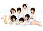  6+girls ;d amagami ayatsuji_tsukasa bare_legs barefoot black_eyes black_hair blue_eyes breasts brown_eyes brown_hair chin_rest cleavage curly_hair flat_chest hair_tucking highres kneeling knees_together_feet_apart long_hair lying morishima_haruka multiple_girls nakata_sae naked_shirt nanasaki_ai on_stomach open_mouth sakurai_rihoko short_hair sitting sleeves_past_wrists smile tachibana_miya tachikawa_seiji tanamachi_kaoru twintails v wink yokozuwari 