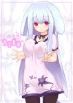  blue_hair blush breast_squeeze breasts choker colored_eyelashes dog_ears dress erect_nipples hands homura_subaru impossible_clothes impossible_shirt lavender_hair long_hair original outstretched_hand pantyhose red_eyes ribbon_choker shirt smile solo very_long_hair 