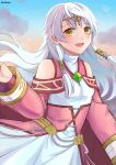  1girl :d bangle bangs bare_shoulders blush bracelet circlet corset detached_sleeves dress fire_emblem fire_emblem:_radiant_dawn hair_tubes half_updo highres jewelry kotoriya_kuguri long_hair micaiah_(fire_emblem) open_mouth silver_hair sky smile solo turtleneck_dress twilight white_dress wide_sleeves yellow_eyes 