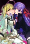  2girls absurdres ahoge bb_(fate/extra_ccc) bdsm belt between_breasts black_legwear blonde_hair bodysuit buckle chain couple fate/extra_ccc fate_(series) gloves green_eyes hair_ribbon hand_on_another&#039;s_cheek hand_on_another&#039;s_face highres hug lace lace-trimmed_thighhighs lock long_hair looking_at_viewer multiple_girls padlock parted_lips purple_hair ribbon saber_bride saber_extra short_hair simple_background sitting smile thigh-highs veil violet_eyes wada_aruko wariza white_gloves yuri zipper 