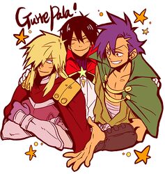  armor bandage bandages blonde_hair blue_hair cape claws closed_eyes crossed_arms drill grin kamina long_hair male multiple_boys simon smile star tengen_toppa_gurren_lagann tengen_toppa_gurren_lagann:_parallel_works viral 