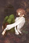 axis_powers_hetalia bandages boots brown_hair character_request green_eyes lithuania_(hetalia) male necktie open_clothes open_shirt rinka shirt short_hair sitting solo 