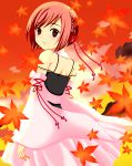  bare_shoulders bob_cut brown_eyes brown_hair detached_sleeves hair_ornament hair_ribbon highres japanese_clothes leaf leaves looking_back maple_leaf meiko minamo_(pixiv901201) minamo_(sorarine) ribbon short_hair solo tsugai_kogarashi_(vocaloid) vocaloid 