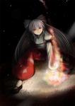  bow chulain fire fujiwara_no_mokou hair_bow highres long_hair mary_janes red_eyes shoes silver_hair suspenders touhou 