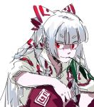  bow fujiwara_no_mokou hair_bow hair_ribbon leaf leaves long_hair mitsumoto mouth_hold red_eyes ribbon shirt silver_hair simple_background sketch sleeves_rolled_up smile solo suspenders touhou white_shirt 